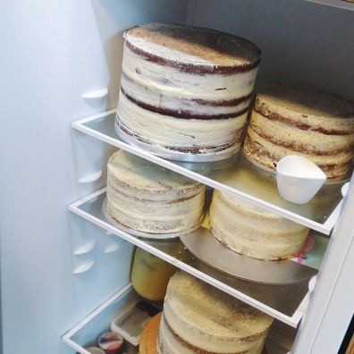 DIY Wedding Cake: A fridge full of stacked cakes
